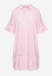 Różowa Sukienka Rozkloszowana z Wiskozą Ozdobiona Falbanami Eviriane