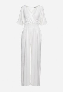 Biały Taliowany Kombinezon z Kopertową Górą i Długimi Szerokimi Nogawkami Loni