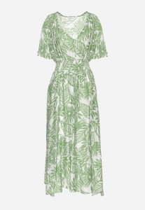 Zielona Sukienka w Roślinny Wzór z Rozkloszowanymi Rękawami i Gumką w Talii Erivane