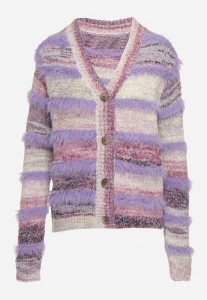 Fioletowy Kardigan z Wełną i Wiskozą na Guziki Ozdobiony Paskami Esalenia