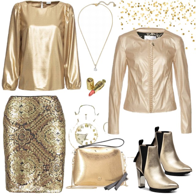 Elegancka złota bluzka - propozycja gotowego zestawu ubrań