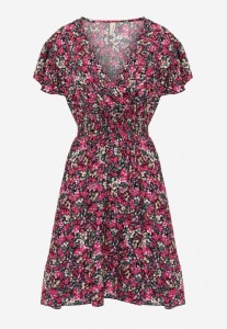 Czarno-Różowa Sukienka z Bawełny w Drobne Kwiaty z Kopertowym Dekoltem i Gumką w Talii Calnea
