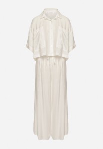 Biały Wiskozowy Komplet Oversize Koszula z Krótkim Rękawem i Spodnie Dovilissea