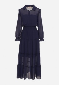 Granatowa Rozkloszowana Sukienka VICES Koszulowa w Stylu Retro Aravite