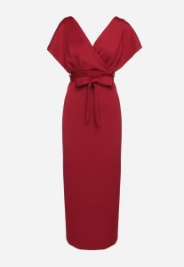 Bordowa Wieczorowa Sukienka z Kopertowym Dekoltem i Rozcięciem z Materiałowym Paskiem Vorni