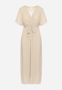 Beżowa Brokatowa Sukienka Koktajlowa Ozdobiona Paskiem Ziliane