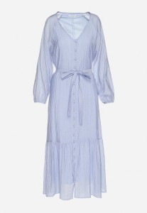 Niebieska Wiskozowa Sukienka Koszulowa o Rozkloszowanym Kroju Wiązana w Talii Frollio