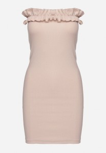 Beżowa Dopasowana Sukienka Bandeau Prążkowana bez Ramiączek z Falbanką przy Dekolcie Vikorry