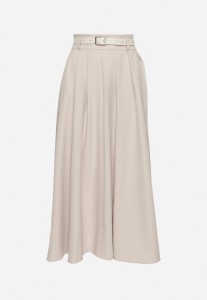 Jasnobeżowa Spódnica o Rozkloszowanym Plisowanym Fasonie z Paskiem z Klamrą Aferna