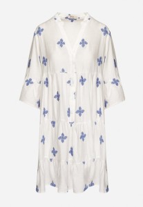 Biała Sukienka z Wiskozą o Rozkloszowanym Kroju z Ozdobnym Haftem Arathiel