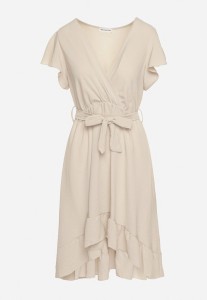 Beżowa Kopertowa Sukienka z Asymetrycznym Dołem Ozdobiona Falbanką z Paskiem w Talii Snidia