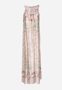 Jasnoróżowa Satynowa Sukienka w Kwiaty z Ozdobnym Wiązaniem Fenasella