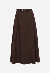 Brązowa Wiskozowa Spódnica o Rozkloszowanym Kroju z Paskiem z Klamrą Lawedisa