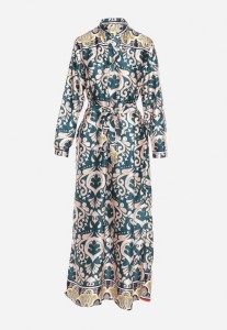 Zielono-Beżowa Sukienka o Pudełkowym Fasonie z Satyny w Ornamentalny Print Alerosa