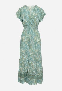 Zielona Rozkloszowana Kopertowa Sukienka z Bawełny o Wzorze Paisley z Gumką w Talii Zonne