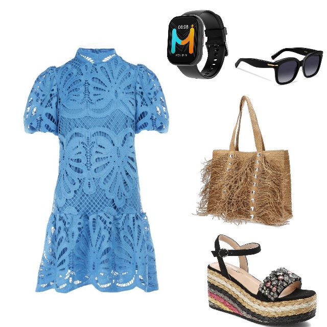 Stylizacja z niebieską koronkową sukienką
