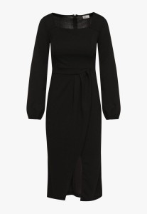 Czarna Koktajlowa Sukienka z Kopertowym Dołem i Ściągaczami przy Rękawach Felilena