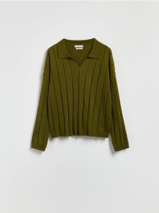 Sweter polo z wełną - oliwkowy