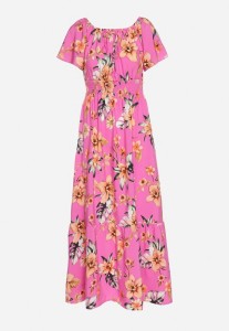 Fuksjowa Sukienka w Kwiaty z Gumką w Talii i Hiszpańskim Dekoltem Devoris