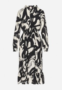 Czarna Rozkloszowana Sukienka z Bawełną w Abstrakcyjny Wzór Silsedi