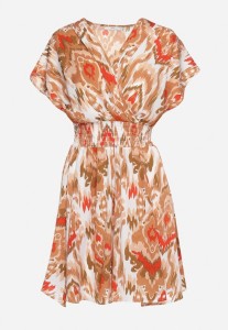 Beżowo-Pomarańczowa Sukienka Rozkloszowana z Kopertowym Dekoltem i Gumką w Pasie Emrra