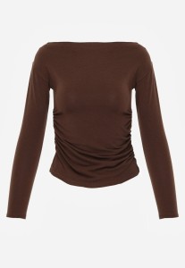 Brązowa Marszczona Bluzka z Wiskozą i Bawełną Trihal