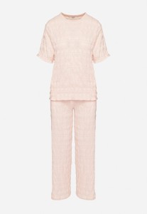Różowy Komplet z Ozdobnej Tkaniny T-shirt i Szerokie Spodnie Devinas