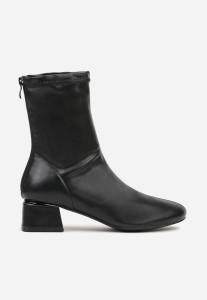 Czarne Eleganckie Botki VICES Skarpetkowe na Klocku z Metalicznym Zdobieniem Rivite
