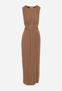 Brązowa Sukienka z Wiskozą Ozdobiona Wycięciami i Metalową Aplikacją Odivaria