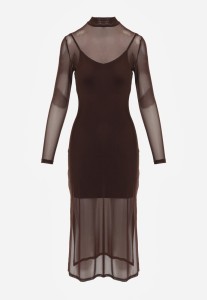 Brązowa Prześwitująca Sukienka Dzianinowa Midi z Halką Bavina