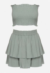 Miętowy Bawełniany Komplet Krótki Top bez Ramiączek Szorty z Gumką w Pasie i Falbanką Tesmara
