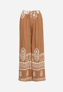 Brązowe Wiskozowe Spodnie o Szerokim Kroju z Etnicznym Wzorem Mileldi