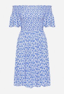 Niebieska Wiskozowa Sukienka Mini z Hiszpańskim Dekoltem w Kwiatowy Print Ijorilda
