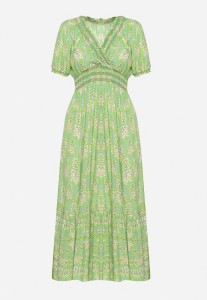 Jasnozielona Bawełniana Sukienka z Bufiastymi Rękawami z Gumką w Talii i Falbaną Vimaliana