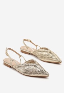 Złote Sandały Typu Slingback z Metaliczną Nicią i Plecioną Cholewką Nilavalia