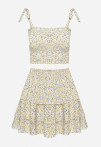 Żółty Komplet Krótki Top na Ramiączkach z Marszczeniem Spódnica z Gumką w Talii Tessora