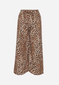 Beżowo-Brązowe Spodnie o Szerokim Kroju z Gumką w Talii w Panterkę Filassena