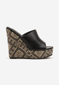 Czarne Klapki na Koturnie z Geometrycznym Wzorem Elliotta
