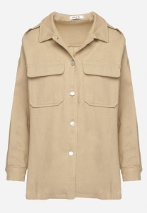 Beżowa Bawełniana Koszula Ozdobiona Cyrkoniami na Guziki Nerelise