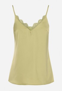 Zielona Bluzka na Ramiączkach z Delikatną Koronką i Wiązaniem Deseniela