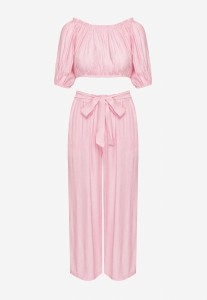 Ciemnoróżowy Komplet Szerokie Spodnie i Bluzka z Bufiastymi Rękawami Idasela