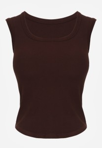 Brązowy Dopasowany Top Bez Rękawów z Wiskozy z Kwadratowym Dekoltem Madu
