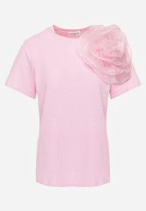 Różowy Bawełniany T-shirt z Krótkim Rękawem i Ozdobnym Kwiatem Krissas