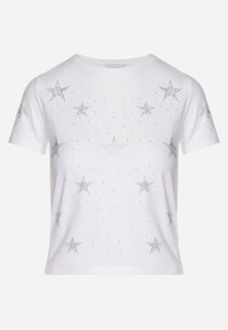 Biały Bawełniany T-shirt z Cyrkoniowymi Aplikacjami w Gwiazdki Tenivella