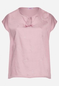 Różowa Bluzka z Haftem i Sznurkiem Przy Dekolcie Mepaya
