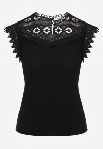Czarny Bawełniany Top z Koronkowymi Wstawkami Lirumina