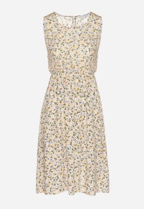 Beżowa Sukienka w Kwiaty o Rozkloszowanym Kroju na Szerokich Ramiączkach Naivoriel