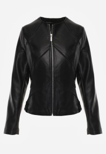 Czarna Taliowana Kurtka Biker z Dekoltem Crew Neck Ozdobiona Przeszyciami Nelithaen