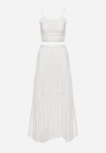 Biały Komplet Boho z Koronkowym Topem i Długą Spódnicą z Gumką w Pasie Isemia