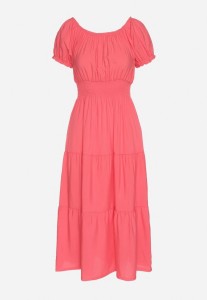 Różowa Sukienka o Rozkloszowanym Kroju z Dekoltem Typu Łódka Miranea